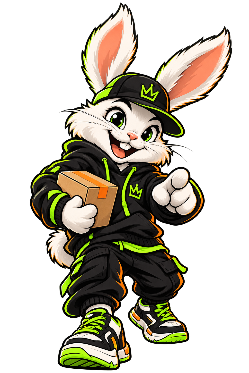 Grabbit's illustrated white rabbit in a black cap and hoodie, carrying a parcel and pointing forward.