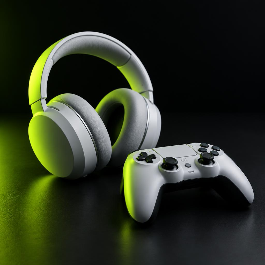 White over-ear headphones and a game controller on a dark surface with a green edge light.